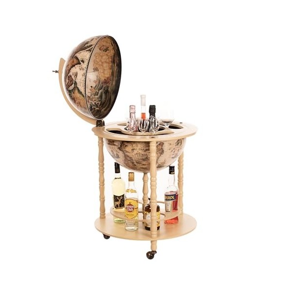 45001Grand chariot de bar, en forme de globe terrestre, avec piliers en bois deucalyptus massif, blanc ivoire, ouvert, 112 c