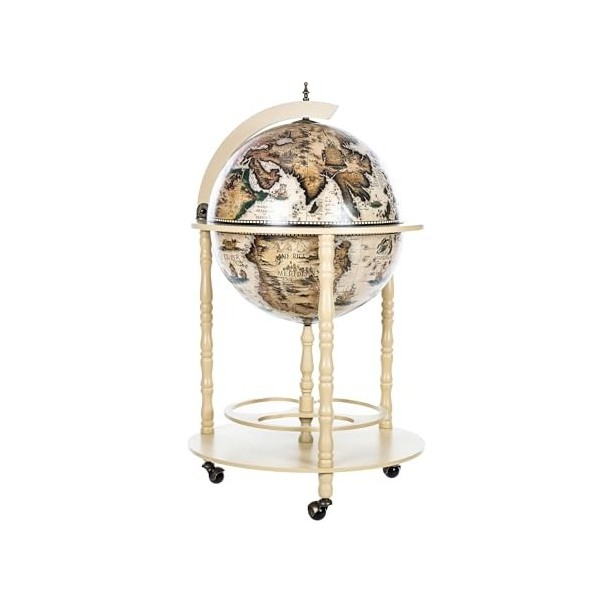 45001Grand chariot de bar, en forme de globe terrestre, avec piliers en bois deucalyptus massif, blanc ivoire, ouvert, 112 c