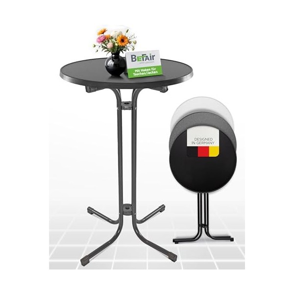 BeFair Gastro Stehtisch Klappbar Ø 70 cm Nico Bistrotisch Partytisch Rund Grau Klapptisch mit 4 Haken für Jacken oder Taschen