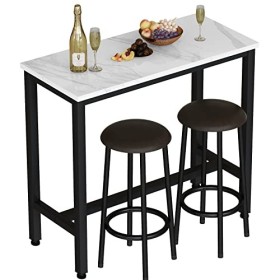 AWQM Lot de 3 tables de bar avec dessus en imitation marbre et tabourets en cuir synthétique - Table de pub avec 2 tabourets 