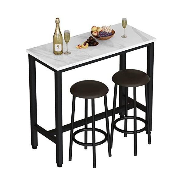AWQM Lot de 3 tables de bar avec dessus en imitation marbre et tabourets en cuir synthétique - Table de pub avec 2 tabourets 