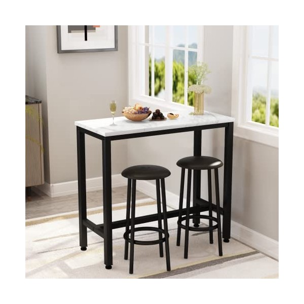 AWQM Lot de 3 tables de bar avec dessus en imitation marbre et tabourets en cuir synthétique - Table de pub avec 2 tabourets 