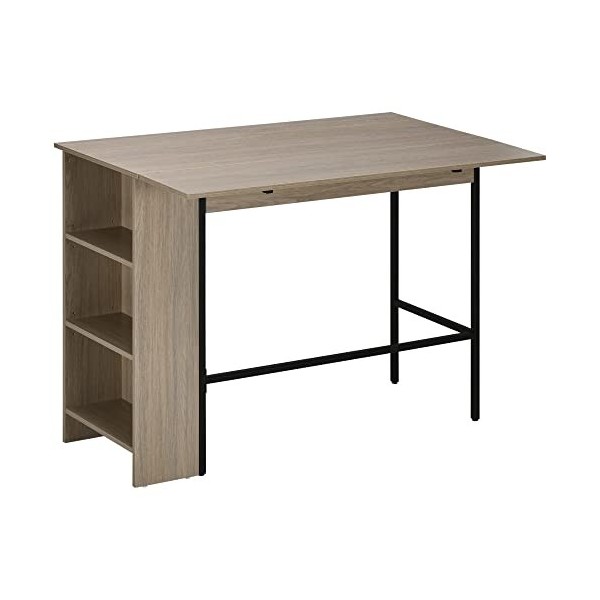 HOMCOM Table de Bar avec Rangement Table Bistrot Ilot Central Plateau latéral Rabattable et 3 étagères - 120 x 76 x 91,4 cm