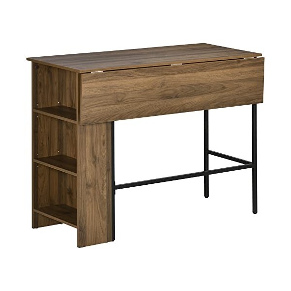 HOMCOM Table de Bar avec Rangement Table Bistrot Ilot Central Plateau latéral Rabattable et 3 étagères - 120 x 76 x 91,4 cm