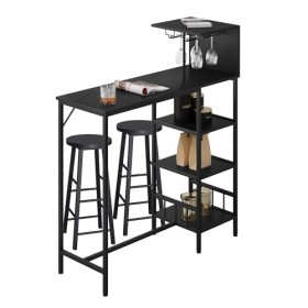 WOLTU Table de Bar, Table Haute avec 2 Tabourets Bar, Table Cuisine avec Support pour Verres à Vin, Comptoir Bar avec 3 Étagè