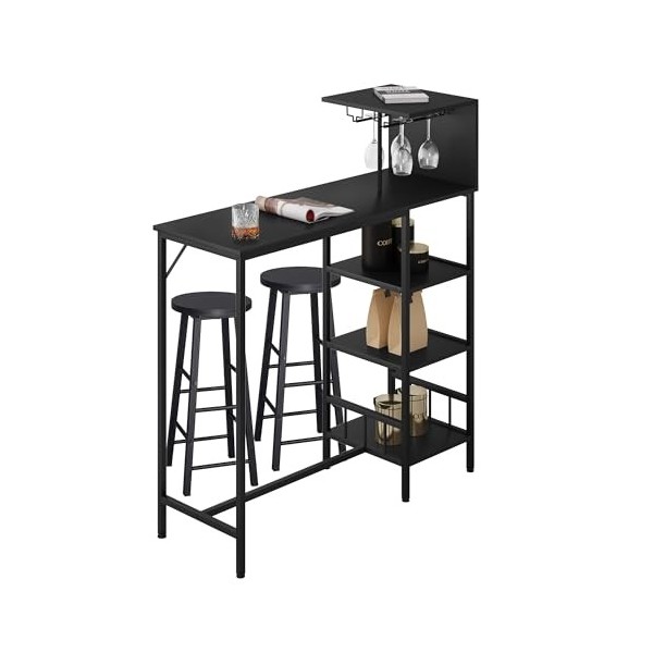 WOLTU Table de Bar, Table Haute avec 2 Tabourets Bar, Table Cuisine avec Support pour Verres à Vin, Comptoir Bar avec 3 Étagè