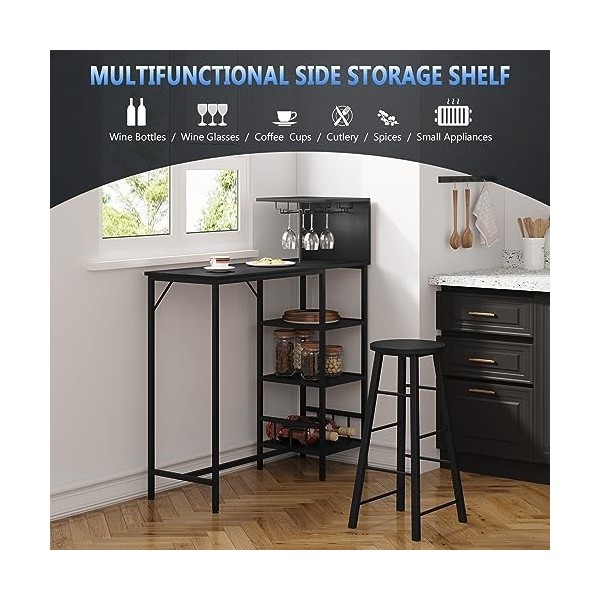 WOLTU Table de Bar, Table Haute avec 2 Tabourets Bar, Table Cuisine avec Support pour Verres à Vin, Comptoir Bar avec 3 Étagè
