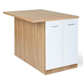 IDMarket - Ilot Central IVO 120 cm Bois façon hêtre Portes Blanches avec Plan de Travail