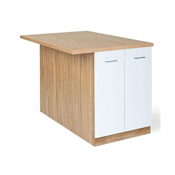 IDMarket - Ilot Central IVO 120 cm Bois façon hêtre Portes Blanches avec Plan de Travail