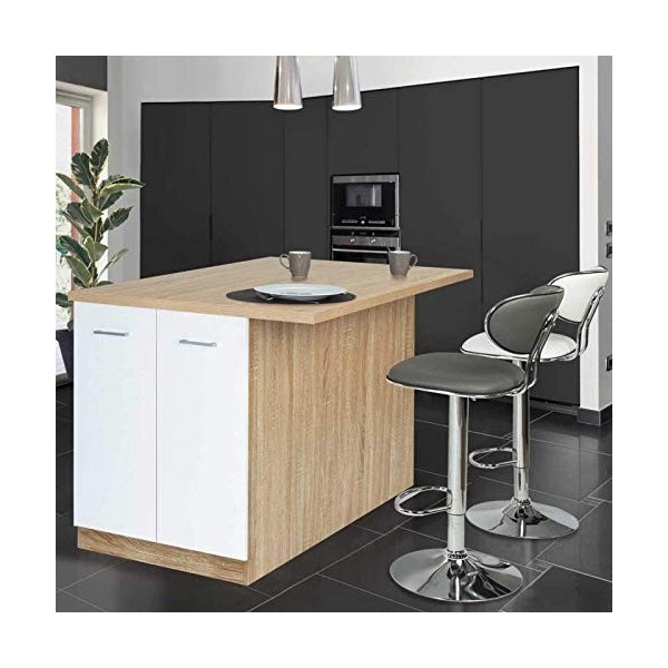 IDMarket - Ilot Central IVO 120 cm Bois façon hêtre Portes Blanches avec Plan de Travail