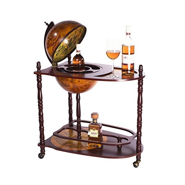 Chariot de bar géant 33035 avec piliers en bois deucalyptus massif et une table de service, 100 cm de haut ouvert et 77 cm