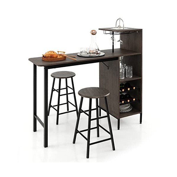 LIFEZEAL Lot Table Bar avec 2 Tabourets, Mange-Debout et Chaises avec Repose-Pieds, Table à Manger avec Porte-gobelet et 5 Ét