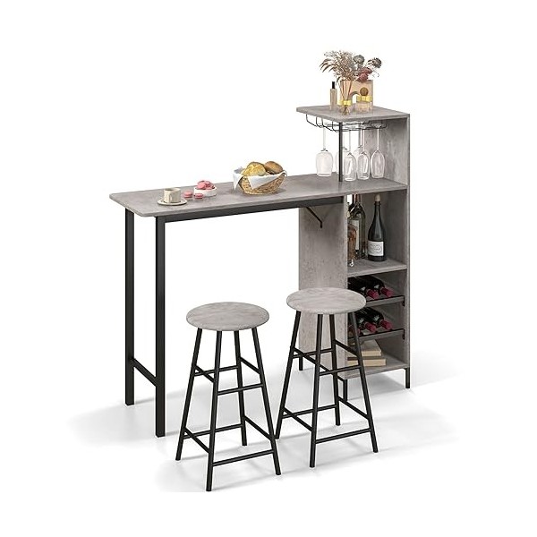 LIFEZEAL Lot Table Bar avec 2 Tabourets, Mange-Debout et Chaises avec Repose-Pieds, Table à Manger avec Porte-gobelet et 5 Ét
