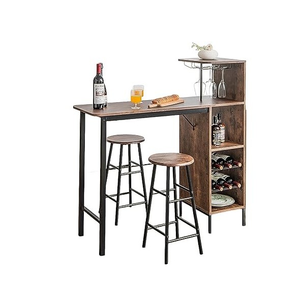 LIFEZEAL Lot Table Bar avec 2 Tabourets, Mange-Debout et Chaises avec Repose-Pieds, Table à Manger avec Porte-gobelet et 5 Ét