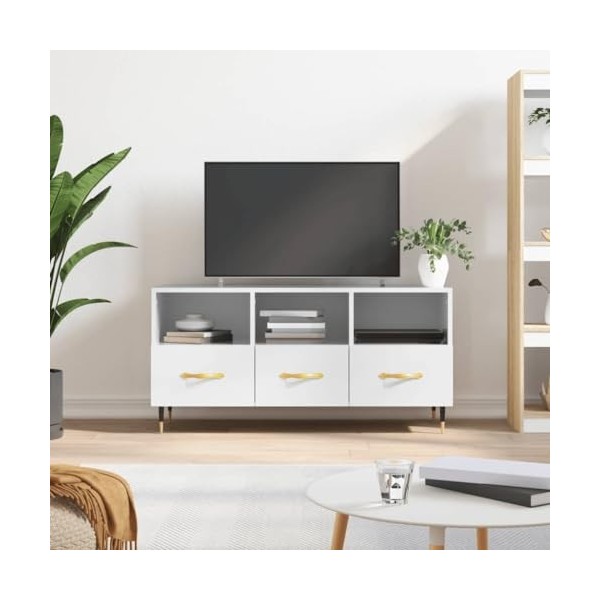 Meuble TV Blanc Brillant 102x36x50 cm Bois dingénierie - Meuble TV de Salon Banc Télé Industriel, Support Rangement Console 