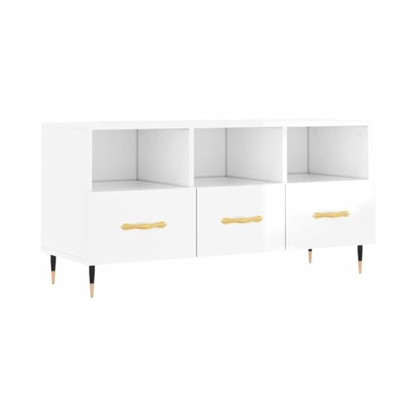 Meuble TV Blanc Brillant 102x36x50 cm Bois dingénierie - Meuble TV de Salon Banc Télé Industriel, Support Rangement Console 