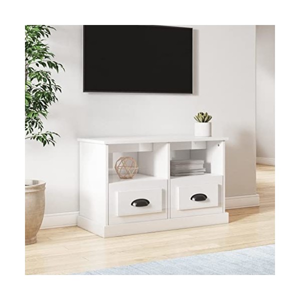 Meuble TV Blanc Brillant 80x35x50 cm Bois dingénierie - Meuble TV, Armoire Basse Centre, Support Télé pour Salon Chambre,