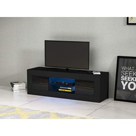 LED Meuble TV en Verre, 2 Portes sur Salle de Séjour, Salon et Chambre à Coucher, 125 x 35 x 40 cm, Noir