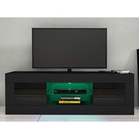 LED Meuble TV en Verre, 2 Portes sur Salle de Séjour, Salon et Chambre à Coucher, 125 x 35 x 40 cm, Noir