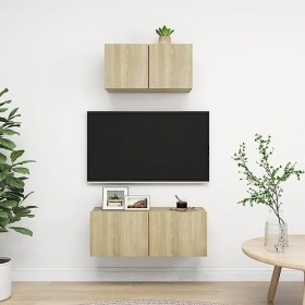 vidaXL Ensemble de Meuble TV 2 pcs Mural Suspendu Ensemble dArmoires Stéréo Salle de Séjour Intérieur Salon Maison Chêne Son